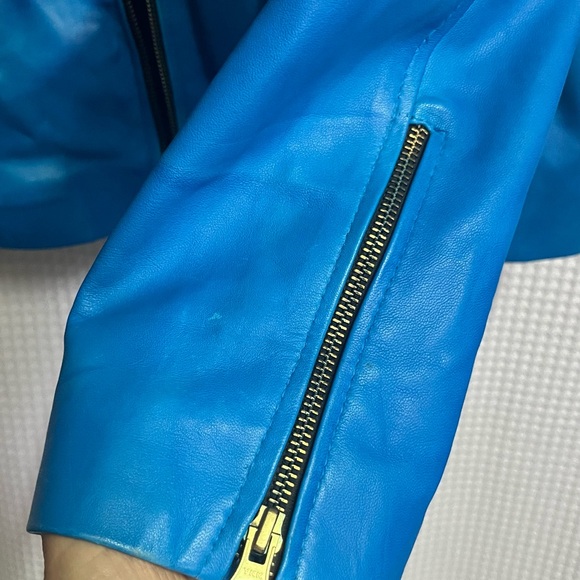 Genuine Leather Distressed Look Cafe Racer Jacket Zip Front & Sleeves Blue Large - Picture 9 of 14